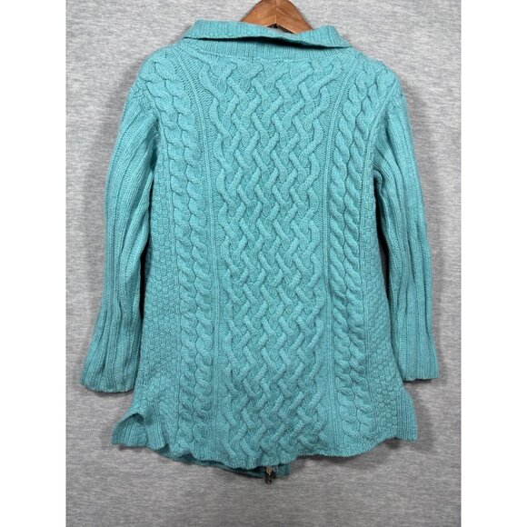 Aran Crafts Womens Sweater M Teal Cable Knit 100% Merino Wool Cardigan - Picture 5 of 5